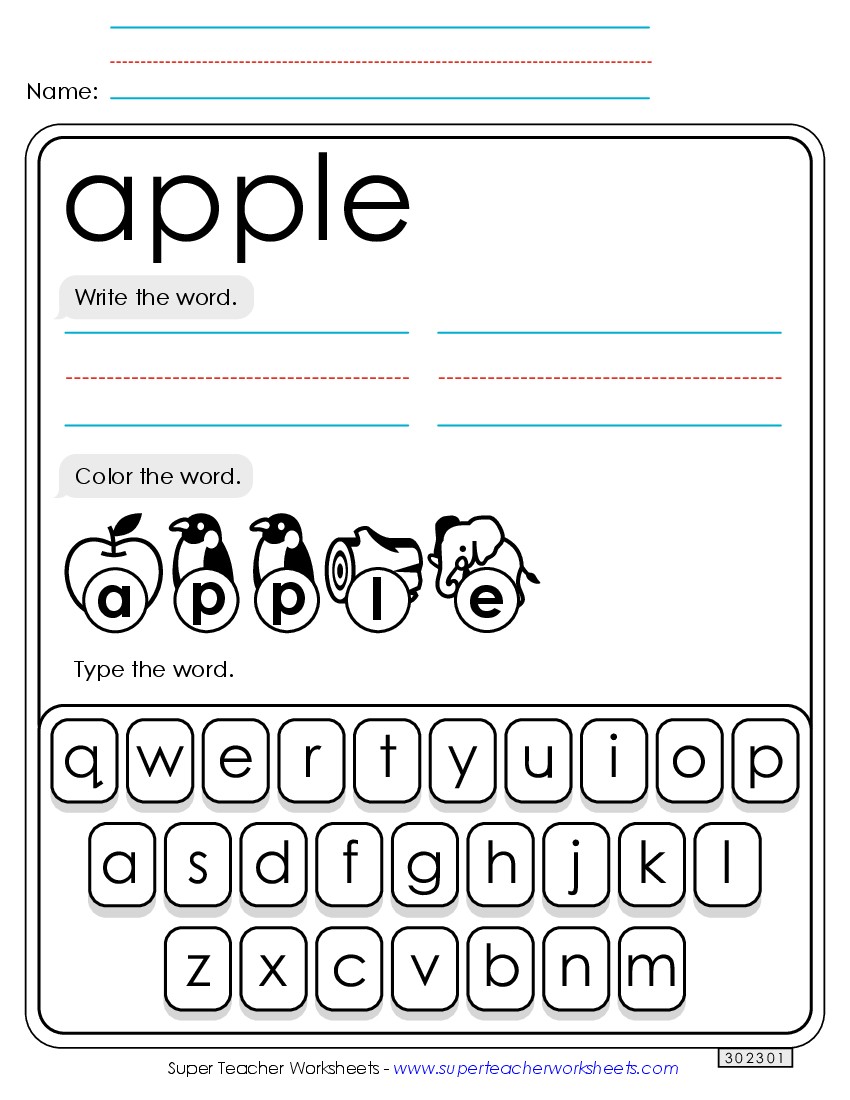 Write, Color, Type: Apple Sight Words Individual Worksheet