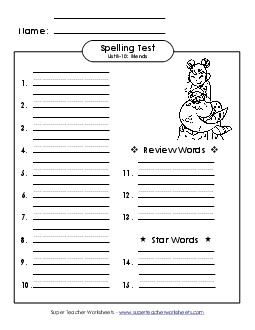 Spelling Test (B-10) Spelling B Worksheet