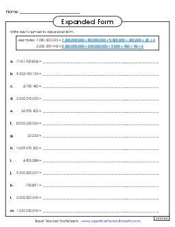 Expanded Form (Billions) Place Value Worksheet