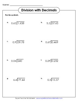 Dividing Decimals Intermediate #2 Worksheet