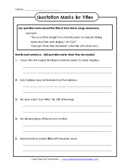 Quotation Marks for Poems, Short Stories, and Songs Worksheet