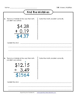 Find the Mistakes Addition Worksheet