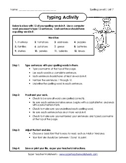 Typing Sentences (E-7) Spelling E Worksheet