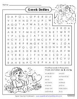 Word Search: Greek Deities Free Greek Mythology Worksheet