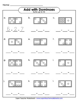 Domino Addition (Fill In - Sums to 10) Worksheet