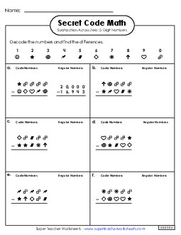 Secret Code Math:  5-Digit Subtraction Across Zero Worksheet