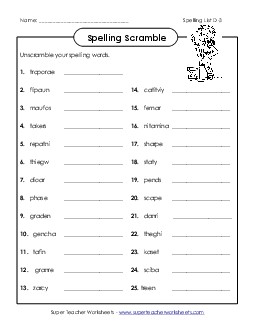 Word Scramble (D-3) Spelling D Worksheet