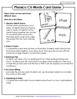 Phonics Card Game /ch/ Phonics Digraphs Worksheet