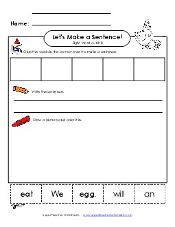 Make a Sentence Cut and Glue (Unit 8) Sight Words Worksheet