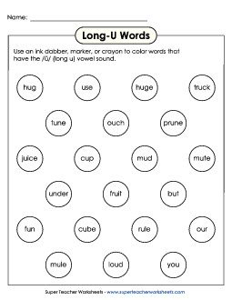 Dabber Activity: Long U Words Phonics Long Short U Worksheet