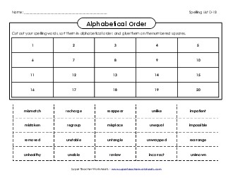 ABC Order: Cut and Glue (D-18) Spelling D Worksheet