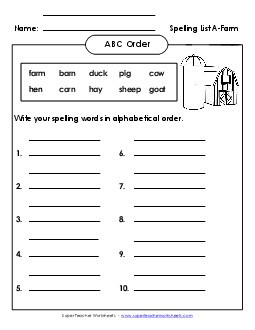 ABC Order: Write List (A-Farm Words)  Spelling A Worksheet