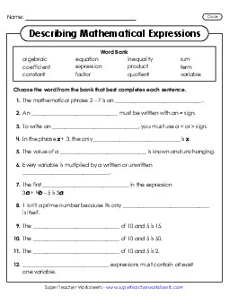 Describing Mathematical Expressions (Cloze) Algebra Worksheet