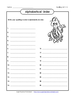 ABC Order: Write List (E-15) Spelling E Worksheet