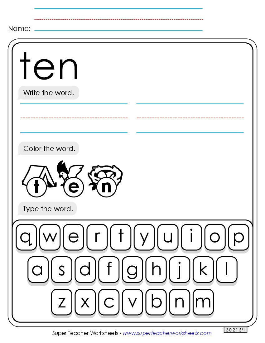 Write, Color, Type: Ten Sight Words Individual Worksheet