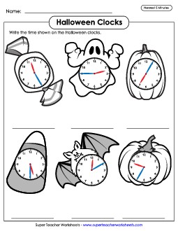 Halloween Clocks - Nearest 5 Minutes Worksheet