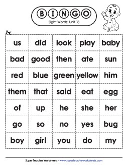 Sight Word Bingo (Unit 18) Sight Words Worksheet