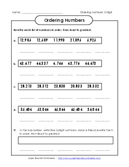 Ordering Numbers 4th Grade Math Worksheet