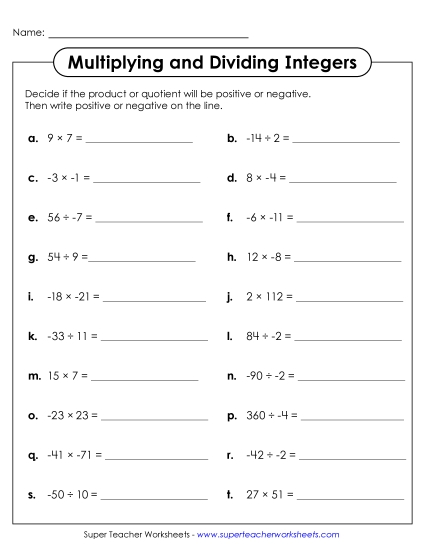 New Multiplying & Dividing Integers: <br>Positive or Negative? Worksheet New Multiplying & Dividing Integers: <br>Positive or Negative? Worksheet