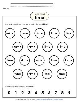 Dab or Color: Time Sight Words Individual Worksheet