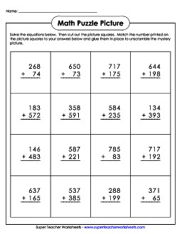 3-Digit Addition: Werewolf Cut-and-Glue Mystery Puzzle Worksheet