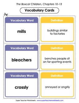 Vocab. Cards for Chapters 10-13 Book The Boxcar Children Worksheet