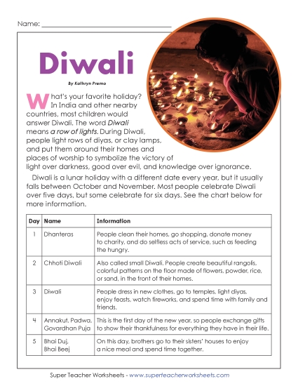 New Diwali (6th Grade Reading Level) Worksheet New Diwali (6th Grade Reading Level) Worksheet