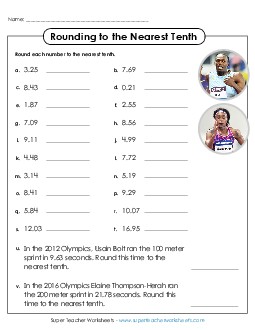 Rounding to Nearest Tenth: Runners Free Worksheet