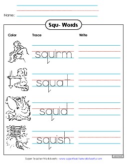 Trace and Write (Squ- Words) Phonics Blends Worksheet