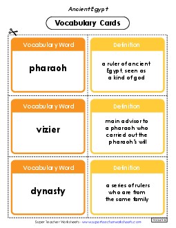 Vocabulary Cards: Ancient Egypt 6th Grade Social Studies Worksheet