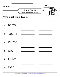 Write Twice (A-Farm Words)  Spelling A Worksheet