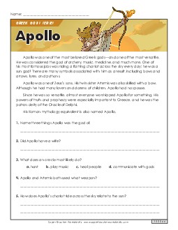 Greek Gods Series: Apollo (Short Reading Passage) 6th Grade Reading Comprehension Social Studies Worksheet