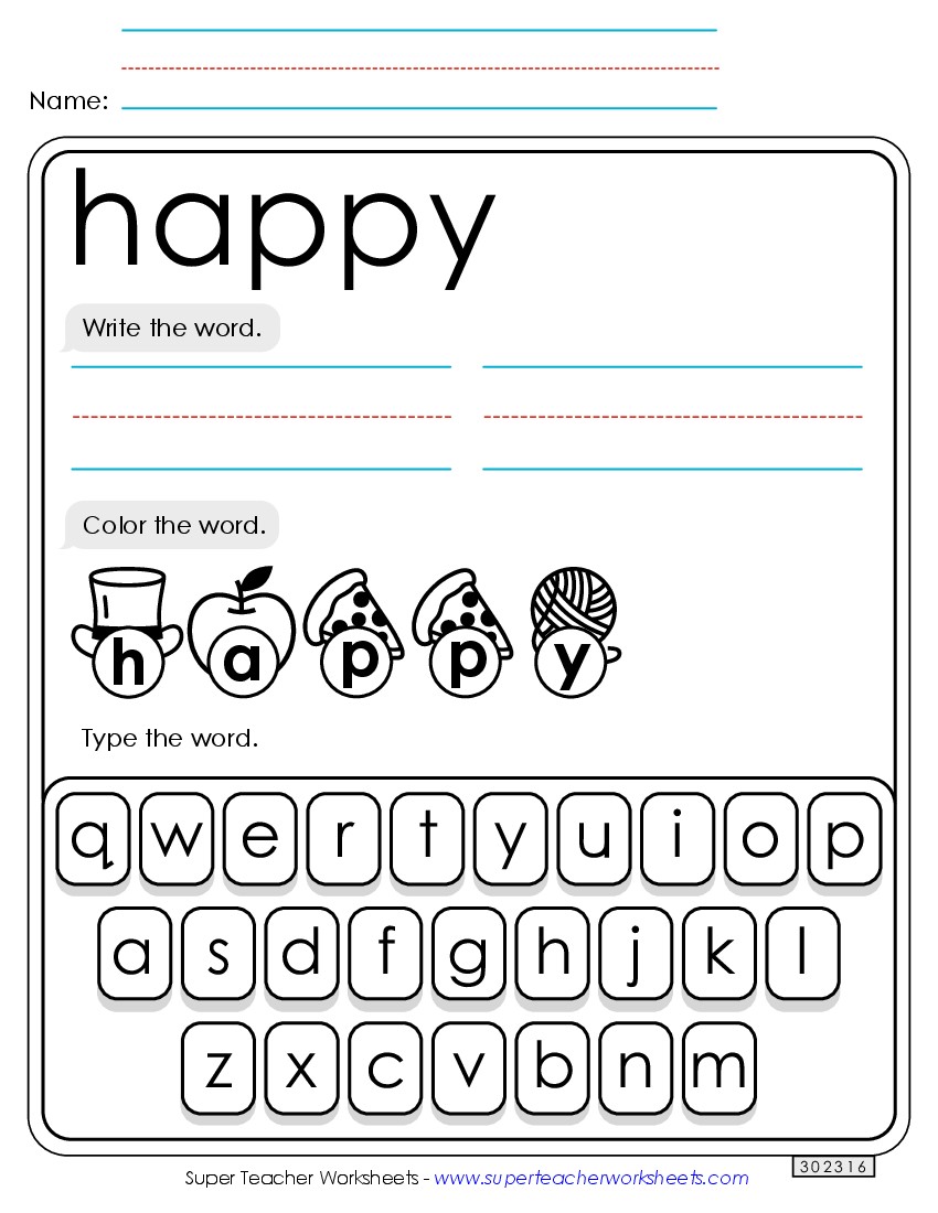 Write, Color, Type: Happy Sight Words Individual Worksheet