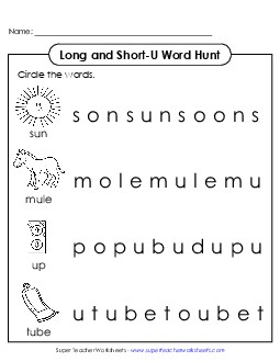 Long and Short U: Horizontal Word Hunt Phonics Long Short U Worksheet