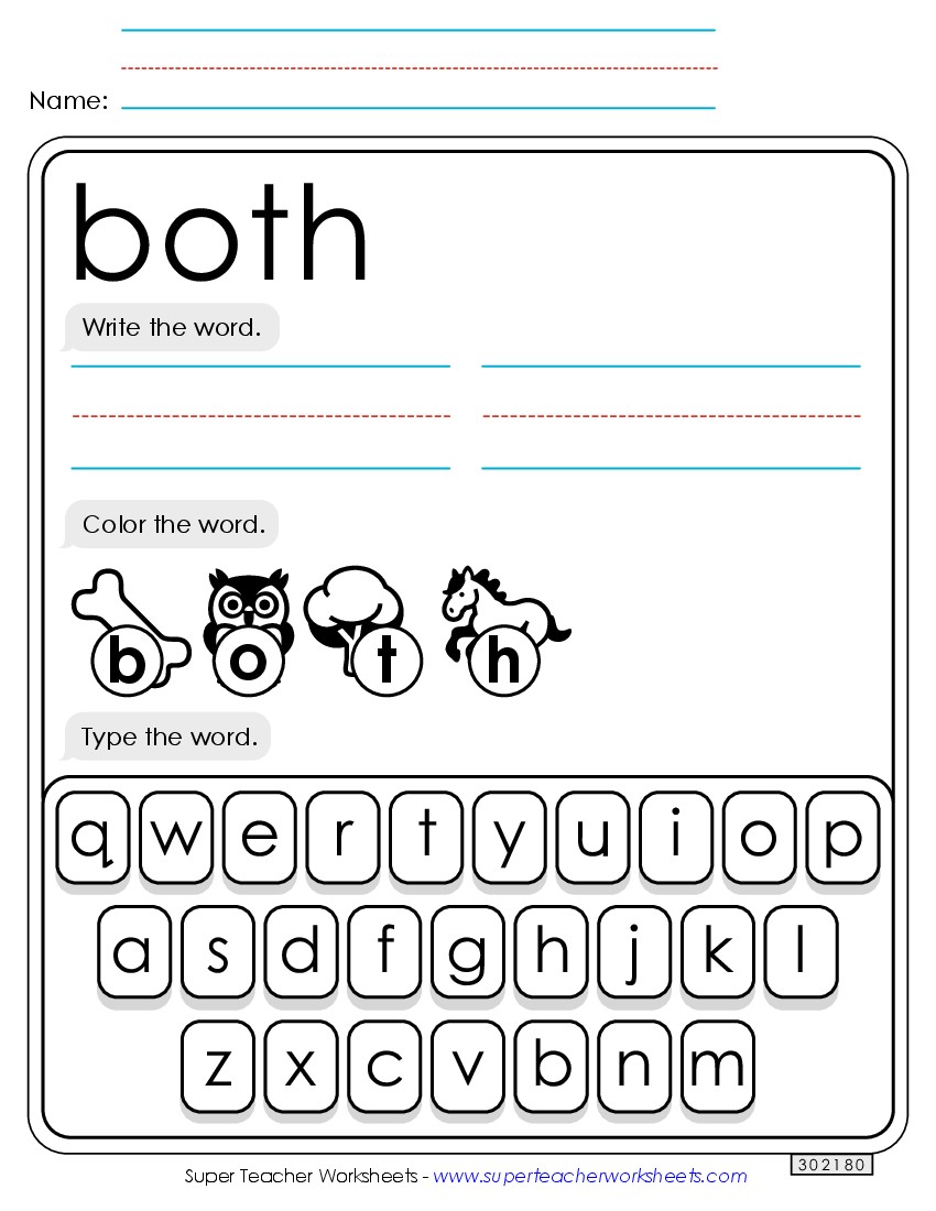 Write, Color, Type: Both Sight Words Individual Worksheet