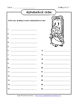 ABC Order: Write List (D-7) Spelling D Worksheet