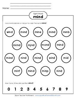 Dab or Color: Mind Sight Words Individual Worksheet