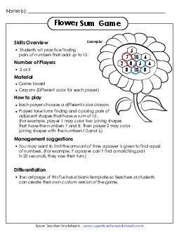 Addition Sum Game Worksheet