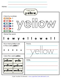 Worksheet 4: Yellow Sight Words Individual Worksheet