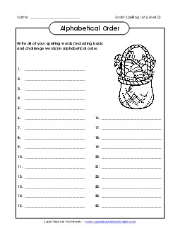 ABC Order: Write List (D-Easter)  Spelling D Worksheet