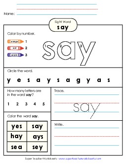 Say (Sight Word) Sight Words Individual Worksheet