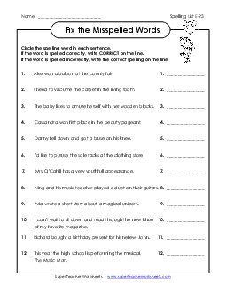 Fix the Misspelled Words (E-23) Spelling E Worksheet