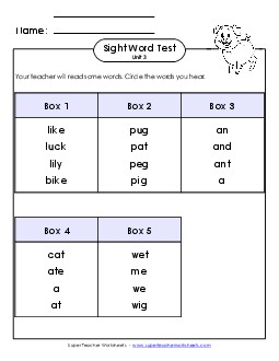 Whole Class Test (Unit 3) Sight Words Worksheet