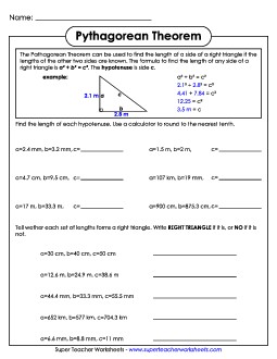 Pythagorean Theorem - No Illustrations (#2) Worksheet