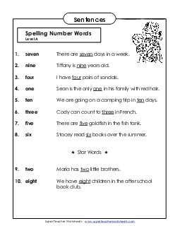 Spelling Test Sentences (A-Number Words)  Spelling A Worksheet