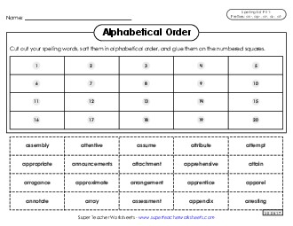 Alphabetical Order: Cut-Glue (F-21) Spelling F Worksheet