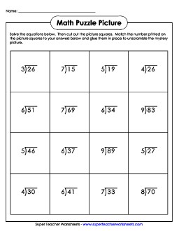 Division w/ Remainders (1-Digit Quotients): Cut-and-Glue Mystery Puzzle Worksheet