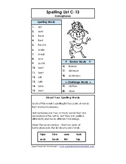 Spelling List C-13 Spelling C Worksheet