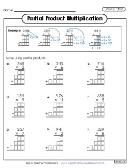 Partial Products Multiplication: 3-Digit by 1-Digit Worksheet