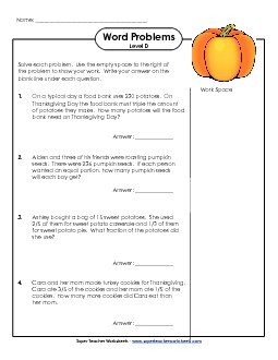 Mixed Math Word Problems (Level D) Thanksgiving Worksheet